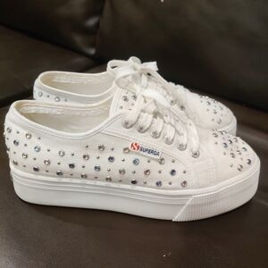 SUPERGA 2790 Allover White Sneakers With Multi Colored Gems Size 8.5